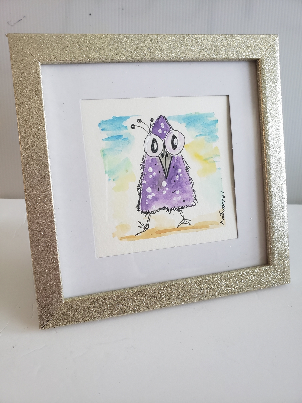Original Whimsical Purple Bird Watercolor in Glitter Frame